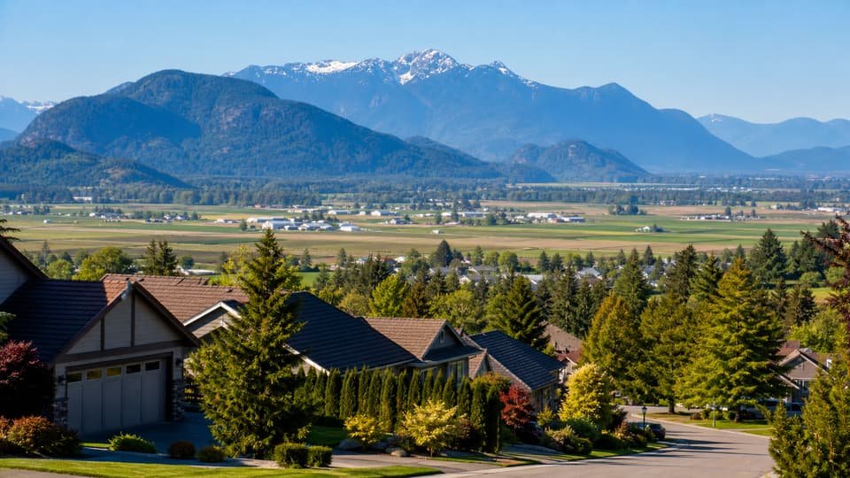 Abbotsford residential edge with farmland and mountain views