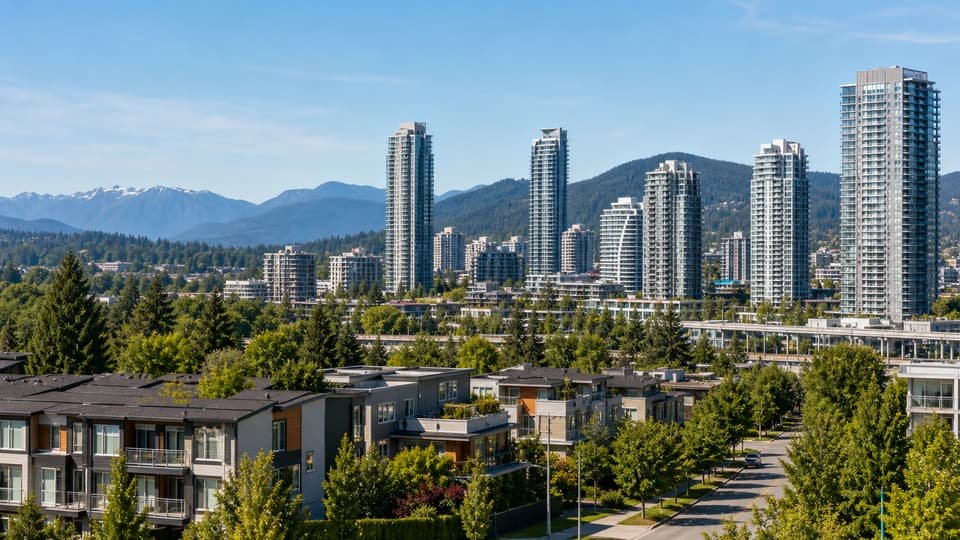 Burnaby mixed-density neighborhood with high-rises and mountain views