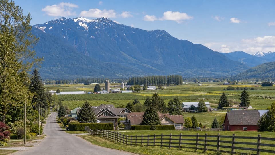 Chilliwack Fraser Valley landscape with rural homes and mountains