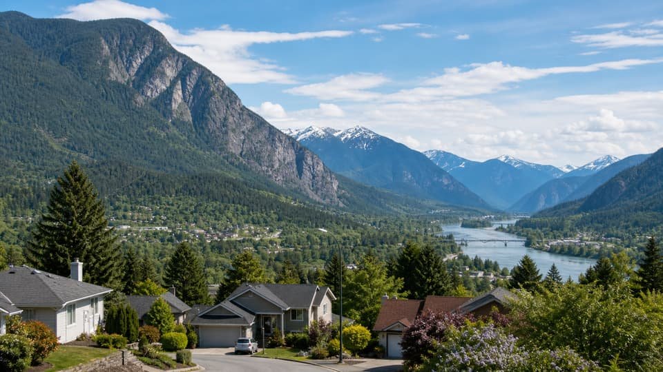 Hope mountain town neighborhood with river valley and forested peaks