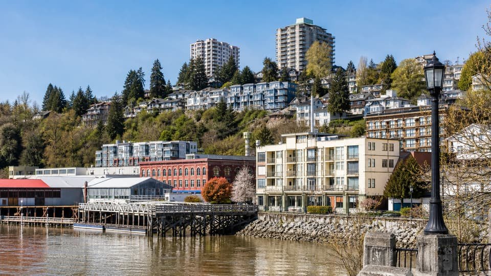New Westminster riverfront neighborhood with hillside homes