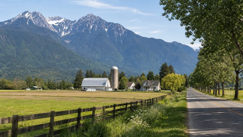 Pitt Meadows rural residential road with fields and mountains