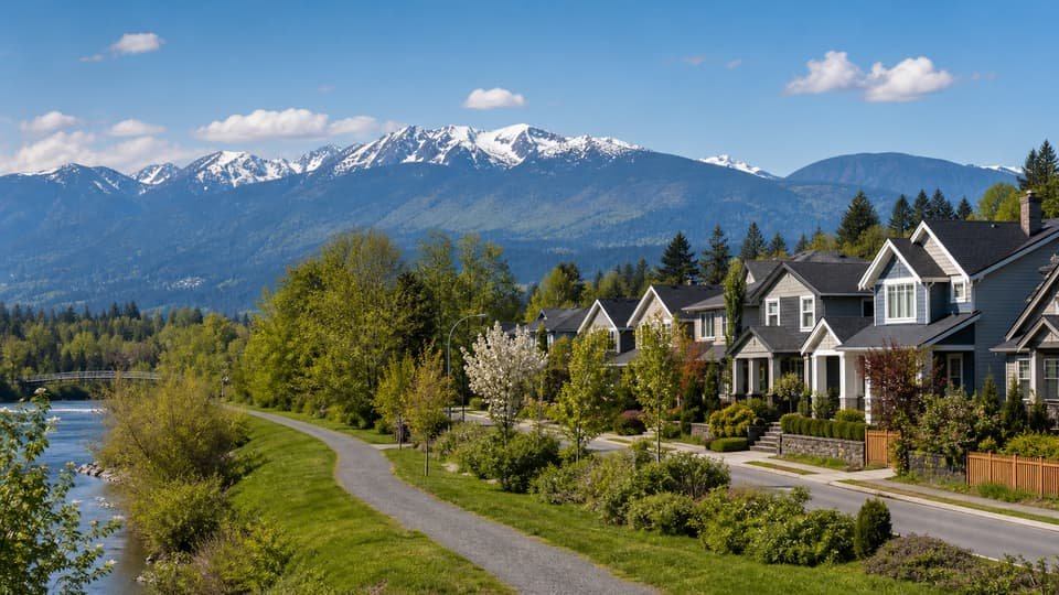 Port Coquitlam residential area with greenway and mountain views