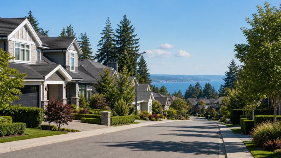 South Surrey residential street with trees and coastal greenery