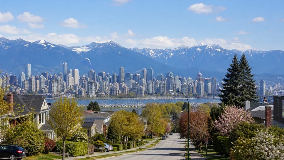 Vancouver residential view with skyline and North Shore mountains