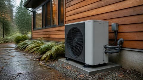 An air-source heat pump outdoor unit on a pad beside a cedar-sided West Coast home on a wet day