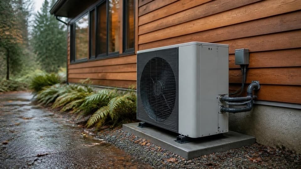 An air-source heat pump outdoor unit on a pad beside a cedar-sided West Coast home on a wet day