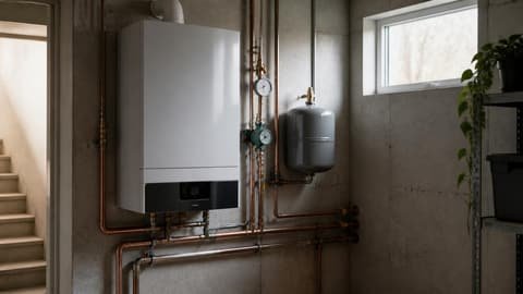 A wall-hung condensing boiler with copper hydronic piping, a pressure gauge and an expansion tank