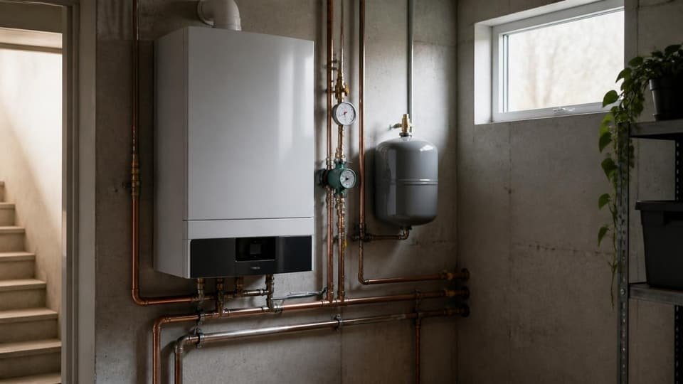 A wall-hung condensing boiler with copper hydronic piping, a pressure gauge and an expansion tank