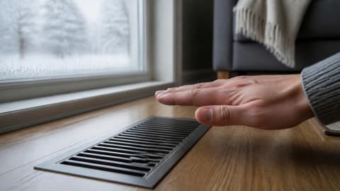 A hand held over a floor heating register on a cold morning, checking the air coming out