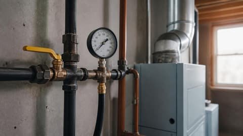 Black iron gas piping with a yellow-handled shutoff valve and a pressure test gauge beside a furnace
