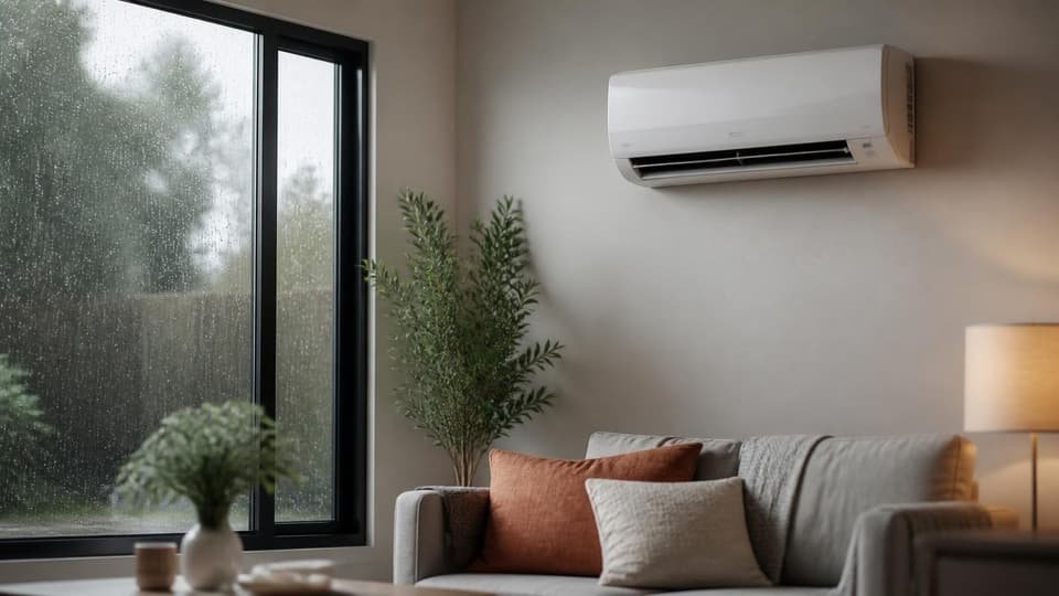 A wall-mounted ductless heat pump unit in a living room with rain on the window