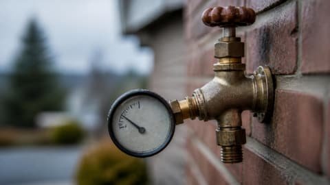 A water pressure test gauge threaded onto an outdoor hose bib on a brick wall