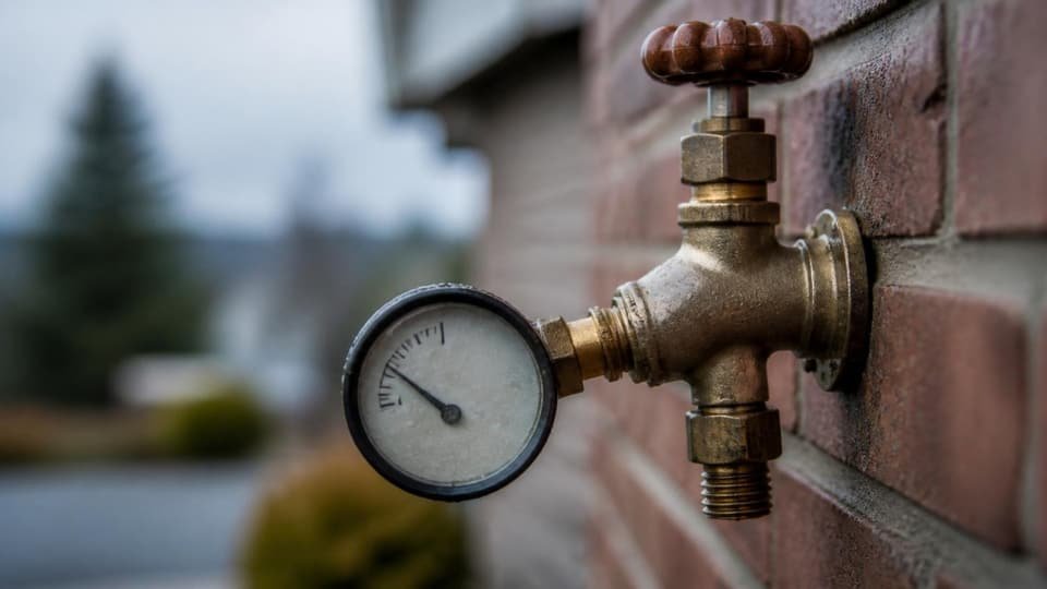A water pressure test gauge threaded onto an outdoor hose bib on a brick wall