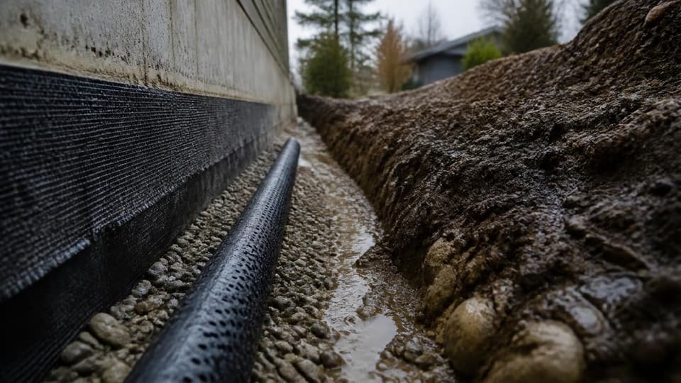 An excavation along a house foundation exposing a perforated perimeter drain in drain rock