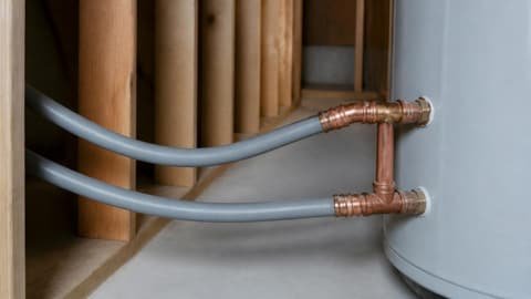 Grey flexible Poly-B supply pipes with copper crimp fittings connected beside a hot water tank