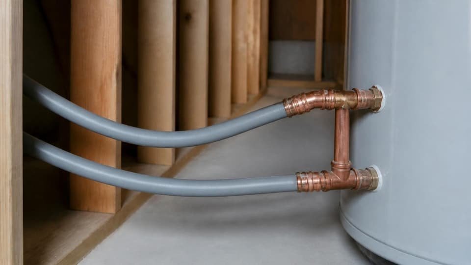 Grey flexible Poly-B supply pipes with copper crimp fittings connected beside a hot water tank