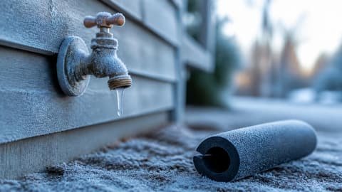 A frost-covered outdoor hose bib with a small icicle and a foam faucet cover on the frozen ground