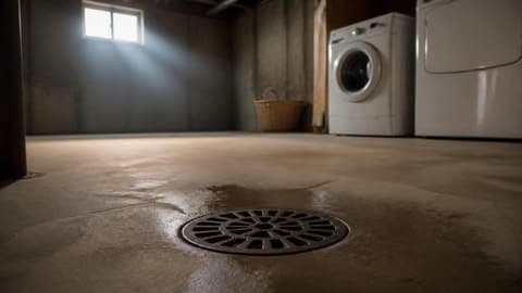 A round floor drain set into the concrete floor of an unfinished basement laundry area