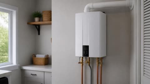 A wall-mounted tankless water heater with copper lines below and a white vent pipe above