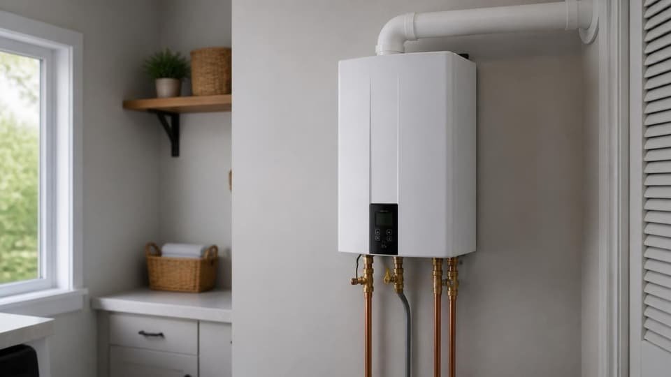 A wall-mounted tankless water heater with copper lines below and a white vent pipe above