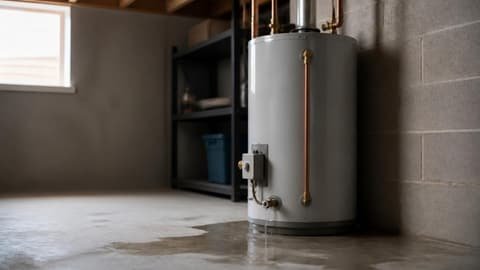 A gas hot water tank in a basement with water pooling on the concrete floor around its base