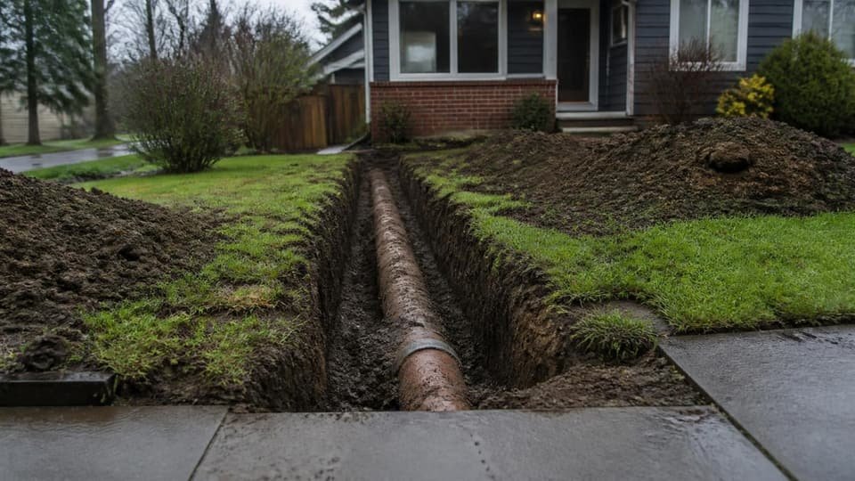 An excavated trench in a front yard exposing a clay sewer lateral running toward the street