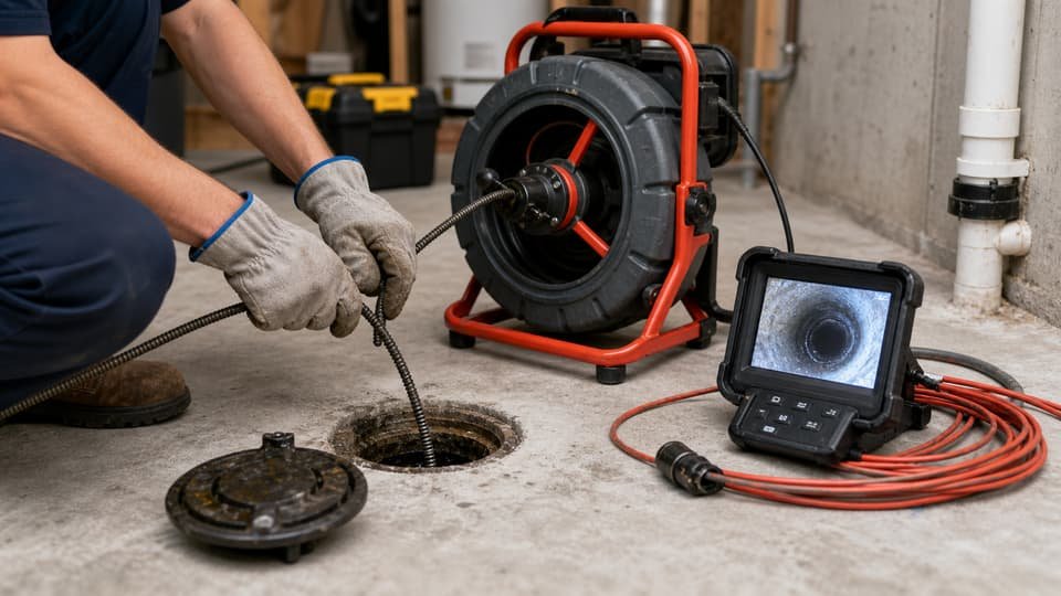 Drain cleaning equipment and sewer camera at a residential cleanout