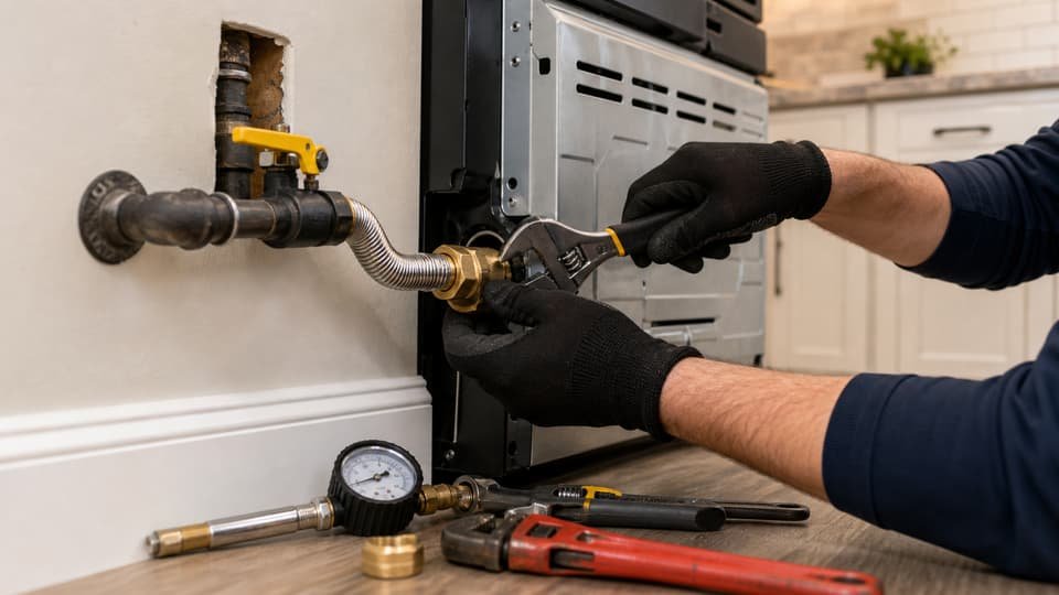 Gas appliance connection being checked with professional tools