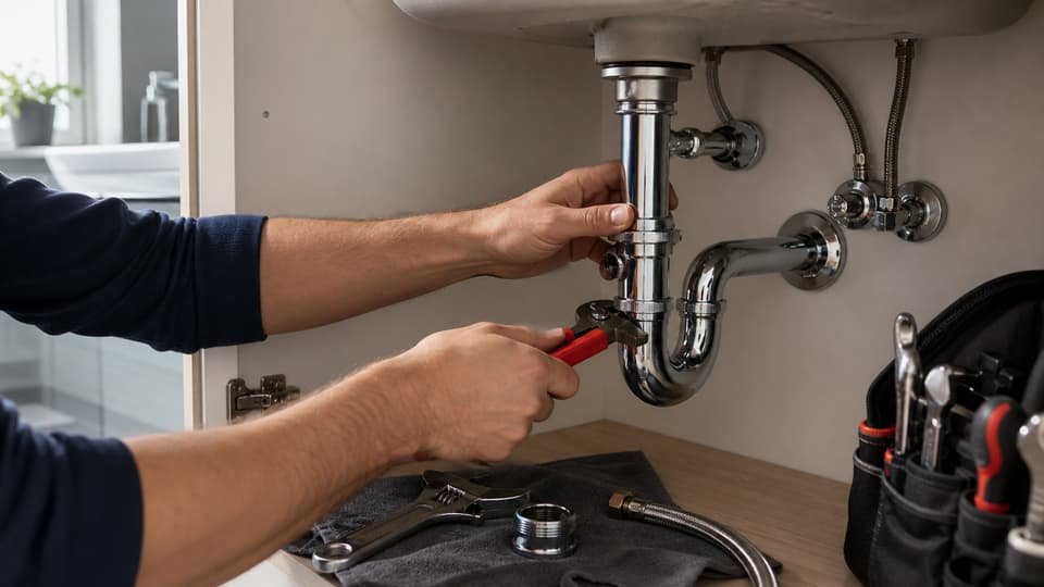 Under-sink plumbing repair with tools in a residential cabinet