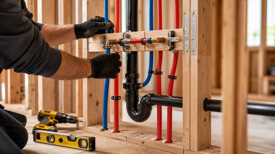 Rough-in plumbing installed inside a framed residential wall
