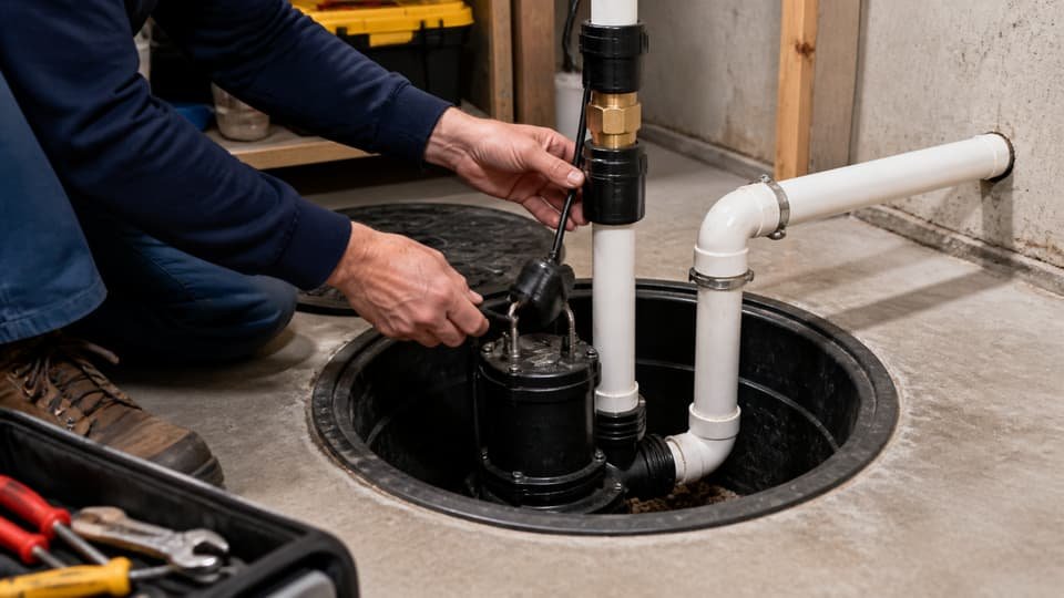 Sump pump and discharge piping in a clean residential basement
