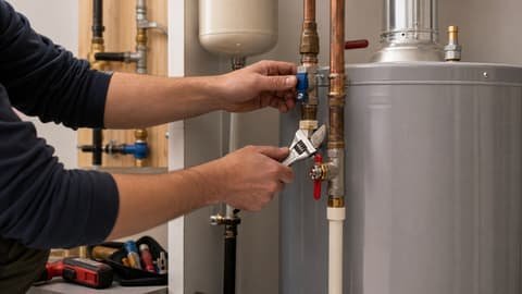 Residential water heater connection being inspected in a utility room